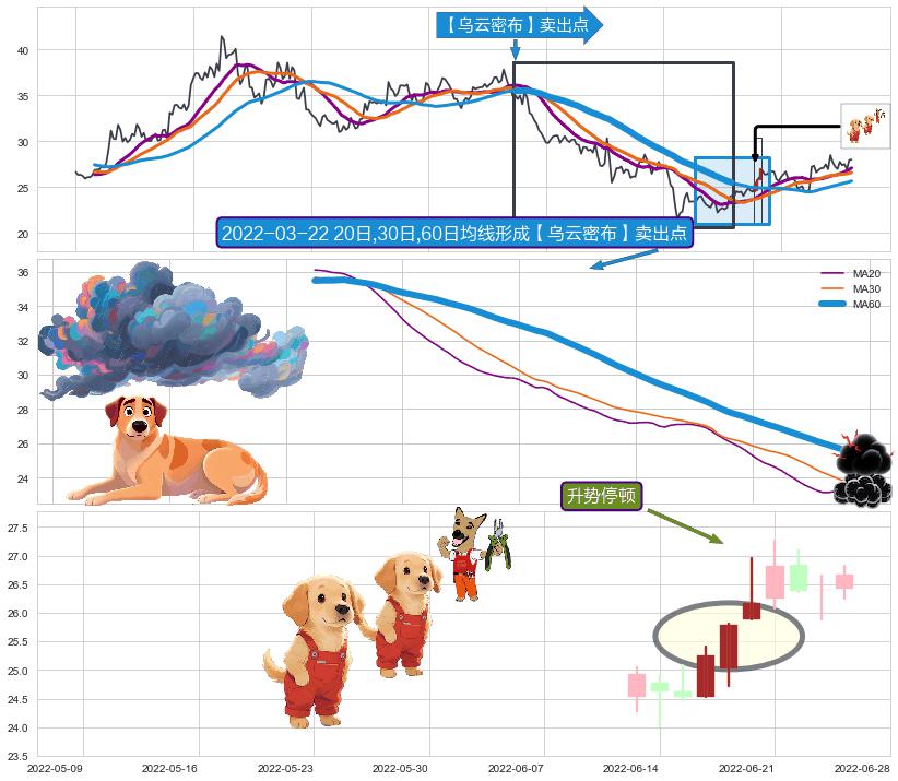 升势停顿+阴包阳(穿头破脚)+看跌(高位倒锤头)流星线+塔形顶 | 圆顶 ➕ 【乌云密布】卖出点