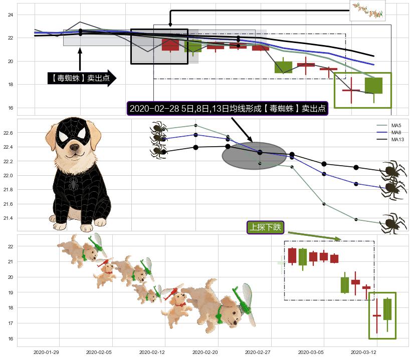 上探下跌+倾盆大雨+下跌孤独十字星 ➕ 【毒蜘蛛】卖出点
